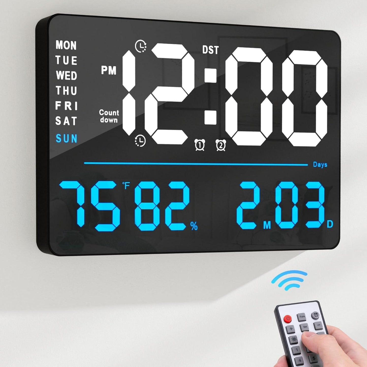 Digital Alarm Wall Clock 16 Inch with Remote Control, Auto Dimming, Temperature & Humidity Display