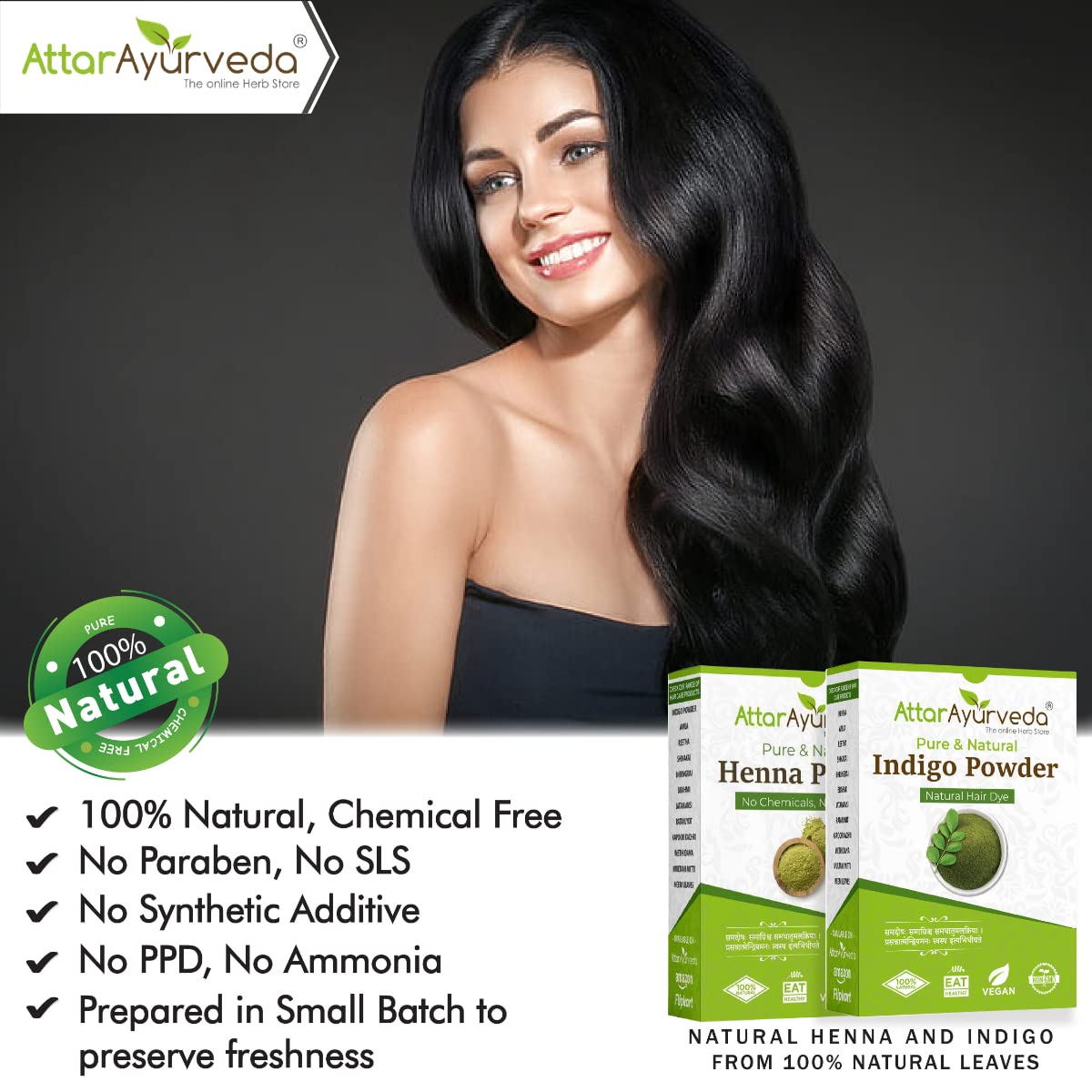 Natural Black Hair Dye - Henna & Indigo Powder Combo, 400g