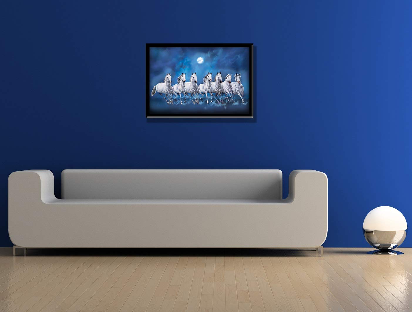 Wall Painting - Framed Seven Lucky Running Vastu Horses Art - MDF Board - Ocean Blue - 12 Inch x 18 Inch