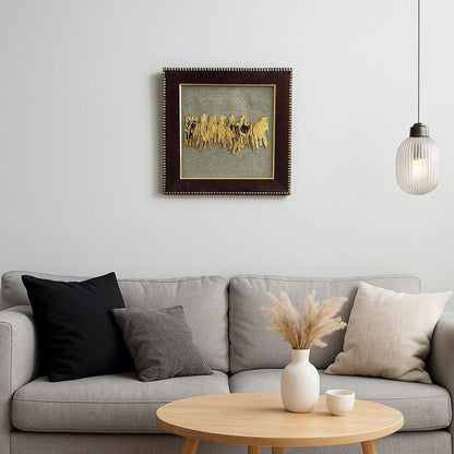 Wall Painting Seven Running Horses Artwork Gold-Plated Pyrite Dust Frame 30x30 cm