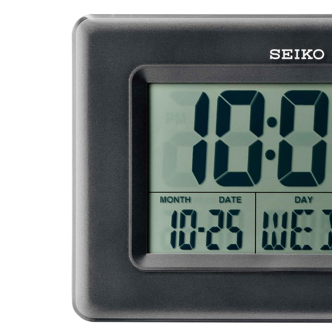 Seiko Digital Alarm Table Clock with Calendar, Hygrometer & Thermometer - Black - 25 x 2.7 x 17 cm
