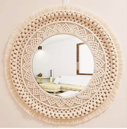 Round Wall Mirror with Cotton Fringe, Off-White, 25 cm Diameter, Handwoven Decorative Design