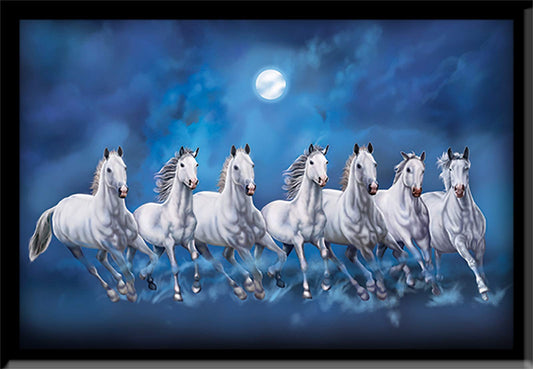 Wall Painting - Framed Seven Lucky Running Vastu Horses Art - MDF Board - Ocean Blue - 12 Inch x 18 Inch
