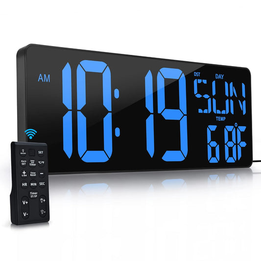 Large Digital Wall Clock with Remote Control, 17.2" LED Display, Timer, Temperature, Date & Week, Auto DST, Adjustable Brightness, Big Wall Alarm Clock for Living Room, Office, Garage, Gym, and Seniors