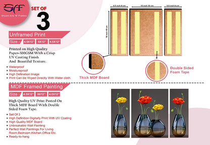Canvas Painting Set of 3 - Red & Yellow Flower Vase Design - 45 cm x 30 cm - Modern Art for Living Room & Office