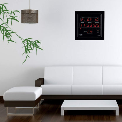 Digital Square Wall Clock with Red LED Display - Black - 25.4 cm
