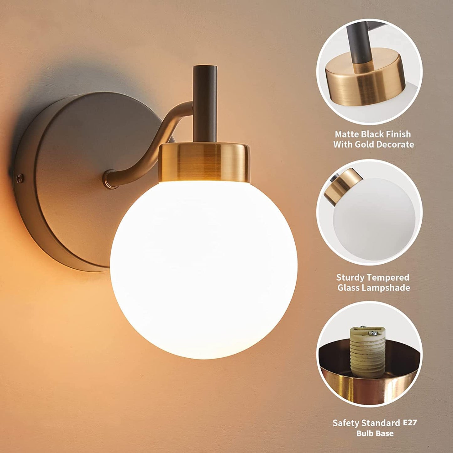 Wall Light Modern Decorative Gold Metal with Glass Shade E27 Holder 30cm