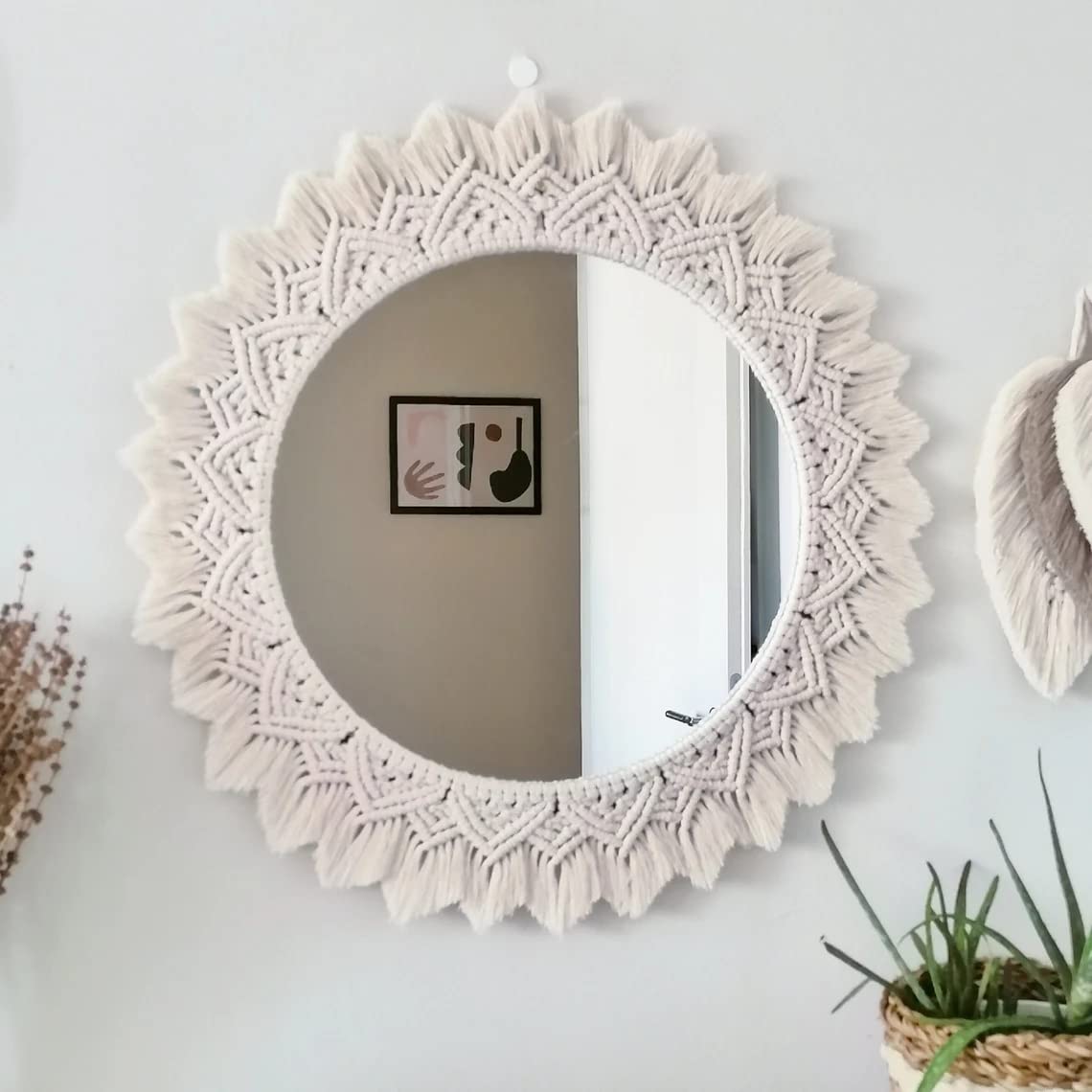 Round Macrame Wall Mirror with Off-White Cotton, 45 cm Diameter, Handmade for Bedroom and Living Room Decor