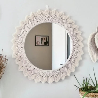Round Macrame Wall Mirror with Off-White Cotton, 45 cm Diameter, Handmade for Bedroom and Living Room Decor