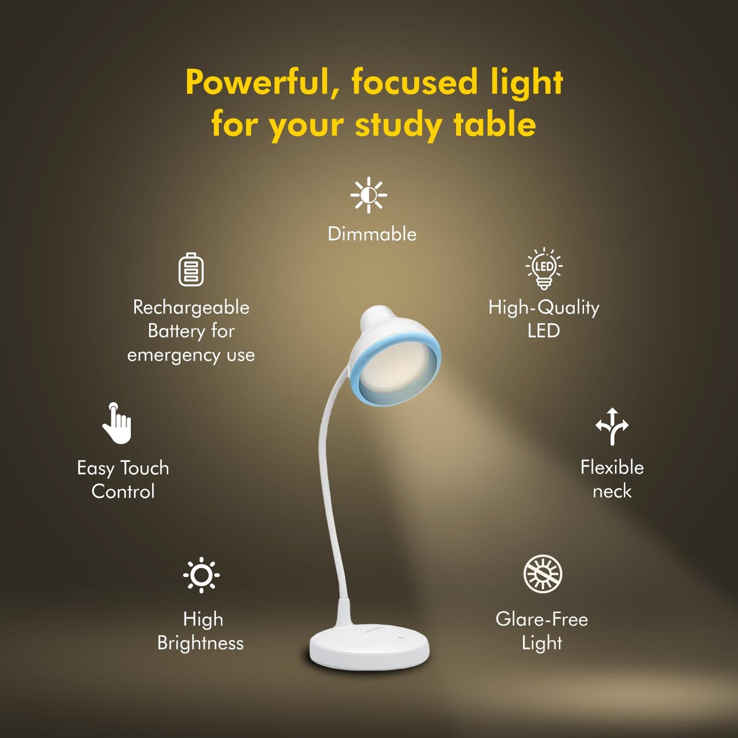 Rechargeable LED Table Lamp with Flexible Design and Dimmable Features, White, ABS