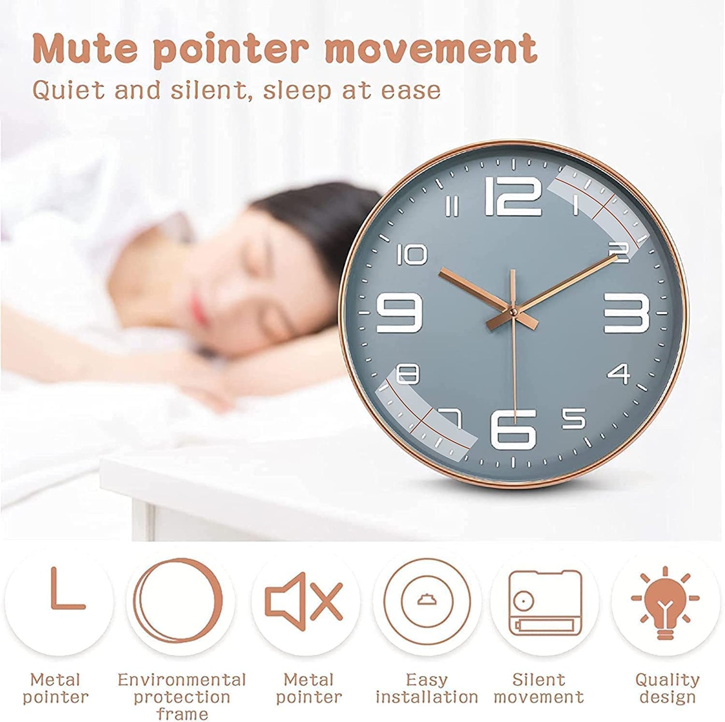 Rylan 12" Silent Quartz Wall Clock - Grey Plastic Analog - Battery Operated