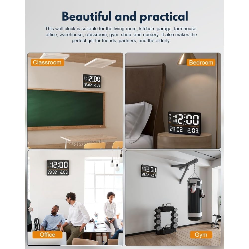 Digital Wall Clock with Remote Control, 16 Inch LED Display, Square Orange