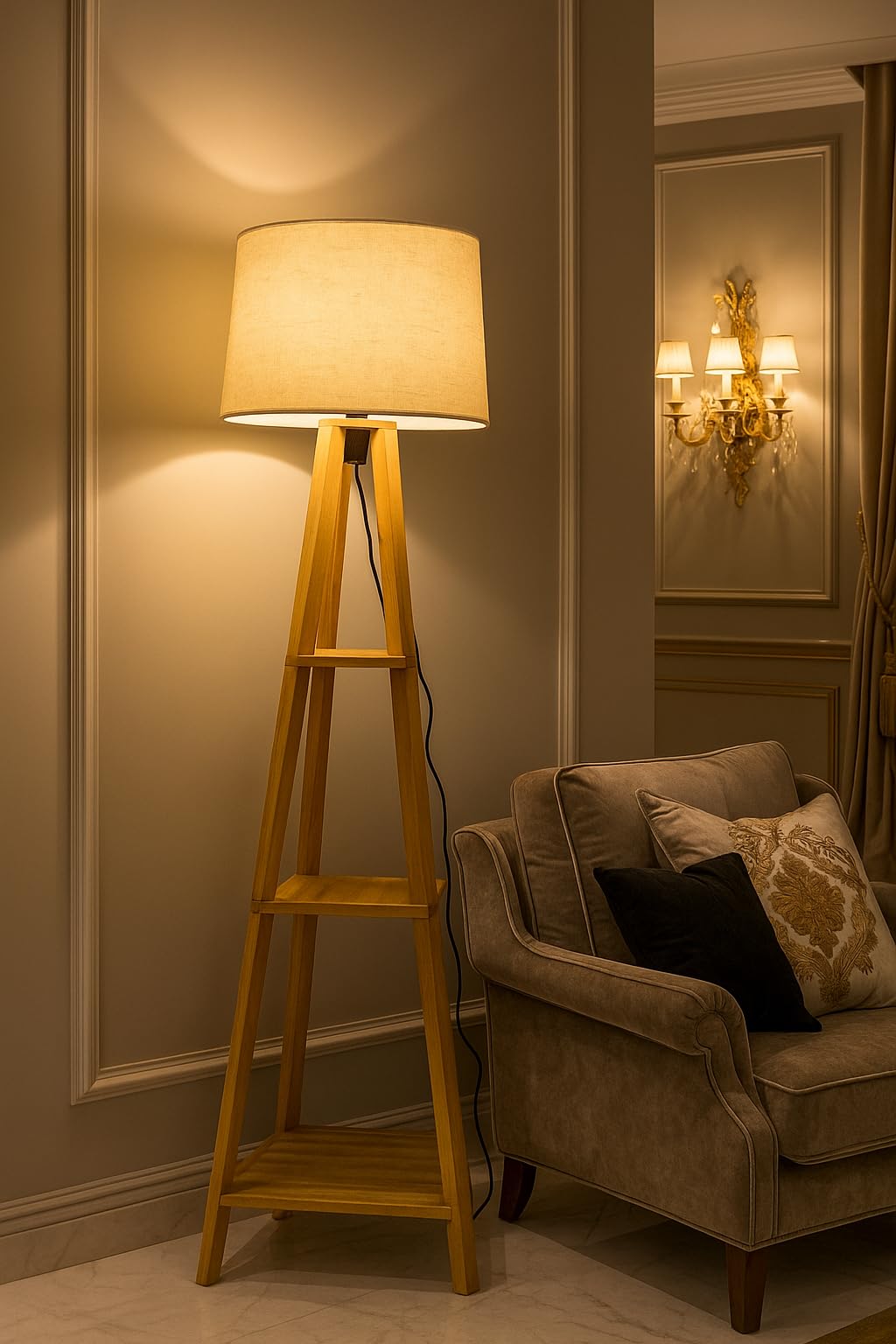 Modern Floor Lamp with Linen Shade and Wooden Frame - Tall Design with Storage Shelves