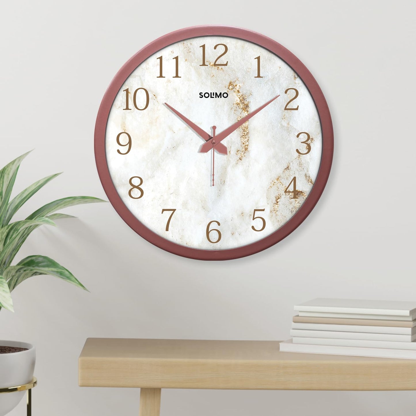 12-Inch Marble Dial Plastic Analog Wall Clock with Silent Movement - Copper Frame