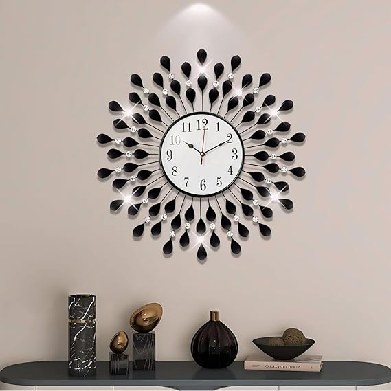 Wall Clock for Living Room | Large 24 Inch Designer Analog Clock with Black Petal & Crystal Design | Silent Quartz Movement | Home Decor Clock for Bedroom, Office, Hall