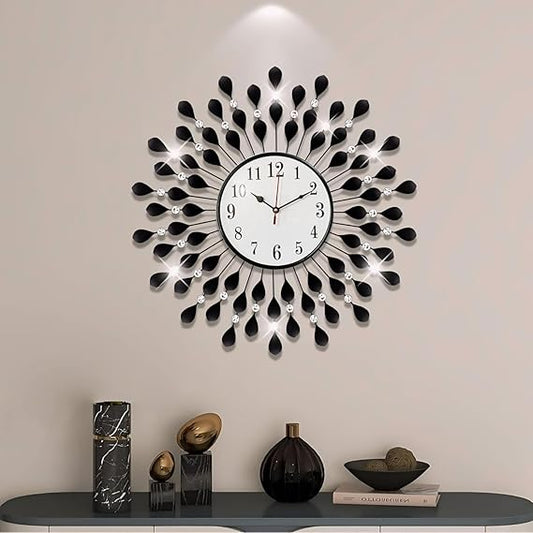 Wall Clock for Living Room | Large 24 Inch Designer Analog Clock with Black Petal & Crystal Design | Silent Quartz Movement | Home Decor Clock for Bedroom, Office, Hall
