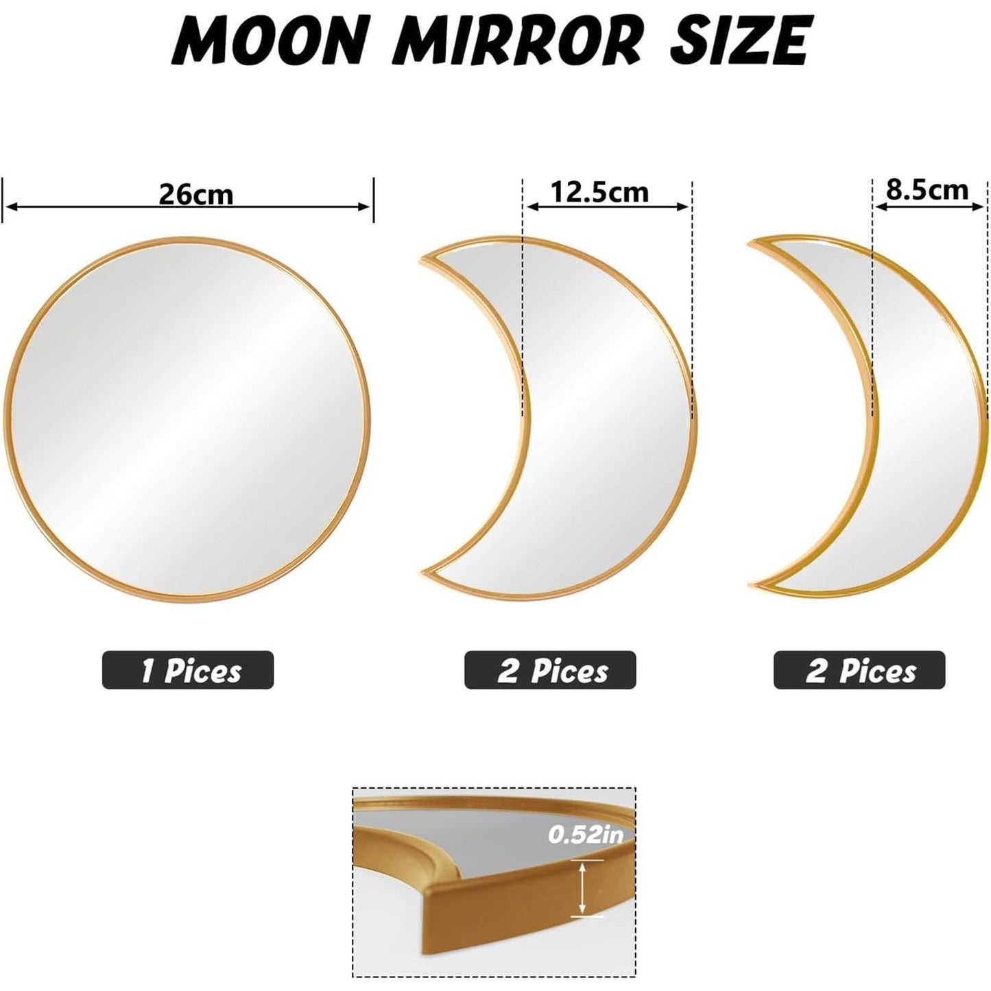 Wall Mirror Set - Modern Gold Framed Multi Shape Glass Mirrors - 5 Pieces - Wall Mounted Decor