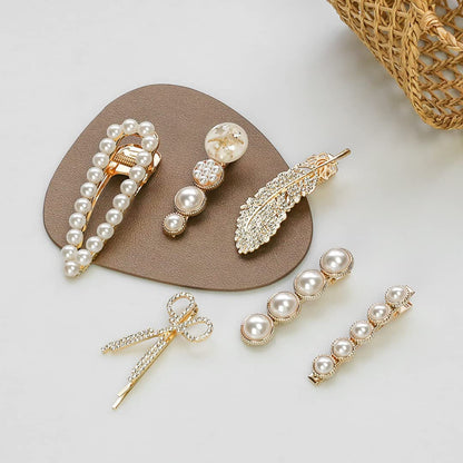 Korean Pearl Rhinestone Hair Clips, Metal Pins (11 Pack)