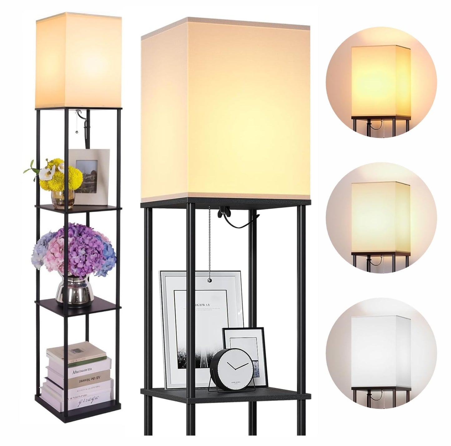 4-Tier Floor Lamp with Wooden Shelves and Adjustable LED Lighting - Black - 173 cm