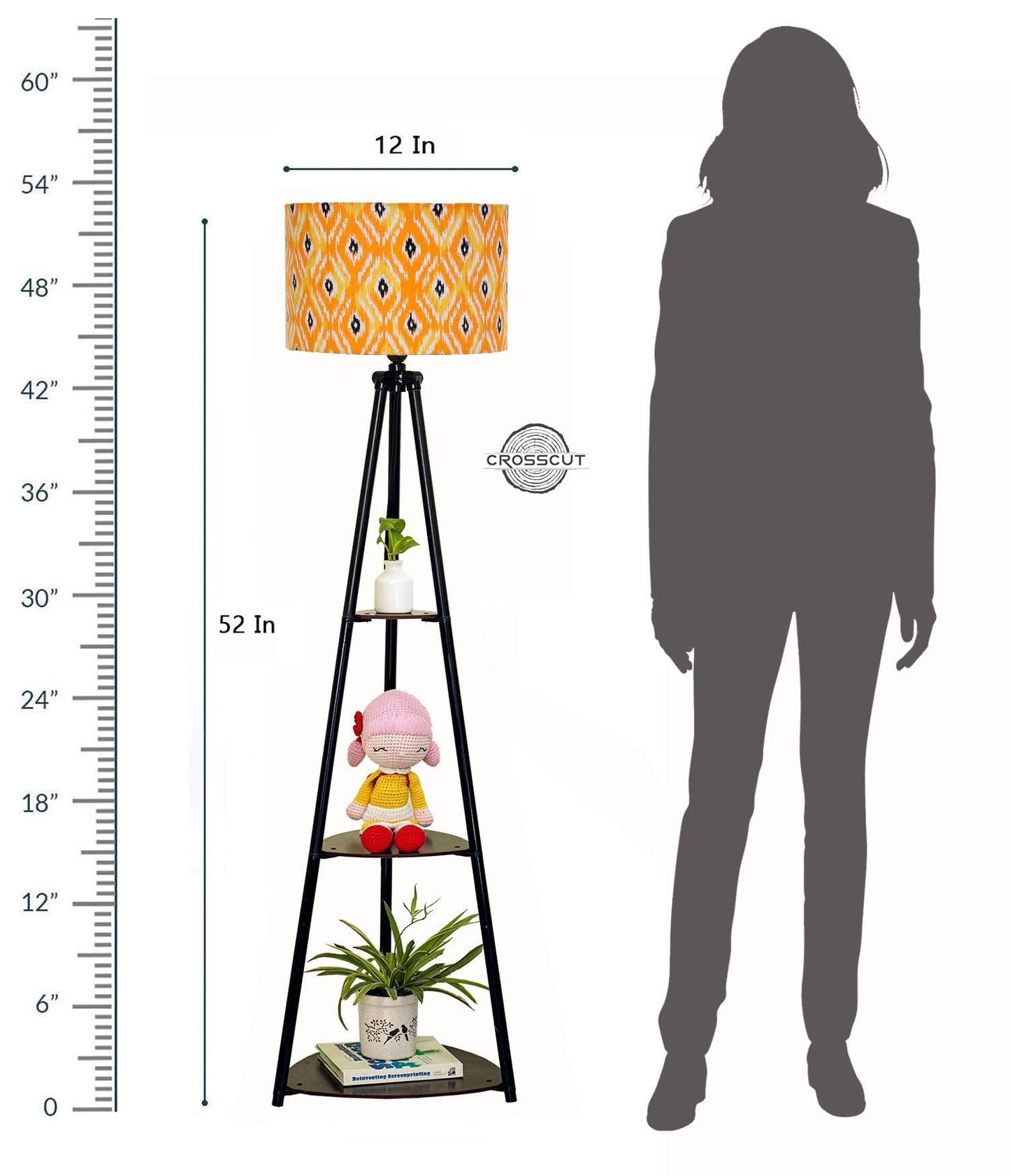Floor Lamp with Integrated Shelving, Black Metal, LED Bulb Included, 3 Shelves