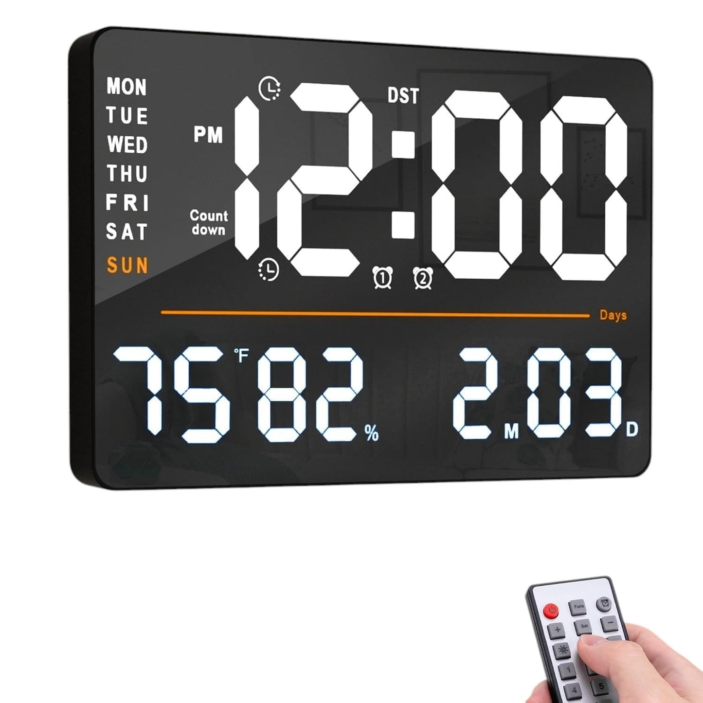 Large Digital Wall Clock with Remote Control, Automatic Brightness, Temperature Display - Square Design
