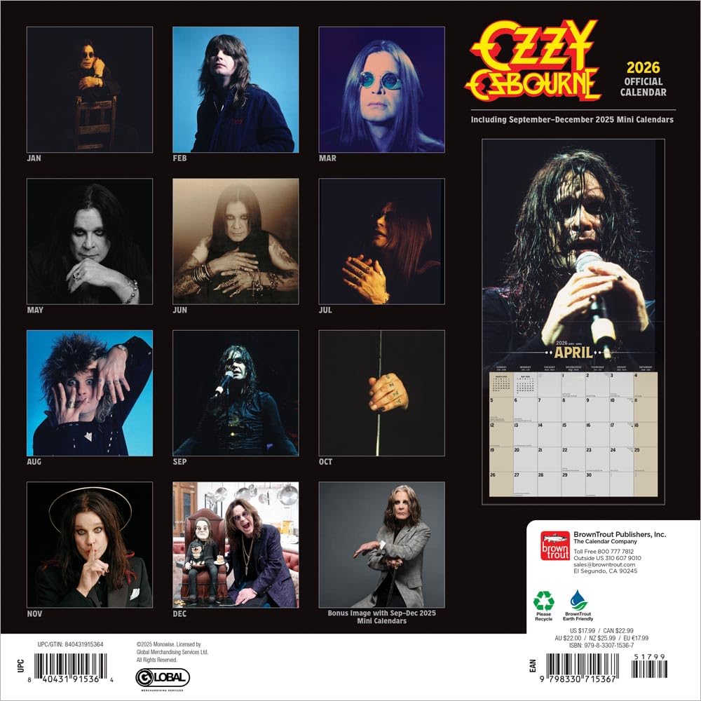 Ozzy Osbourne OFFICIAL | 2026 12 x 24 Inch (Hanging) Monthly Square Wall Calendar | BrownTrout | Heavy Metal Black Sabbath