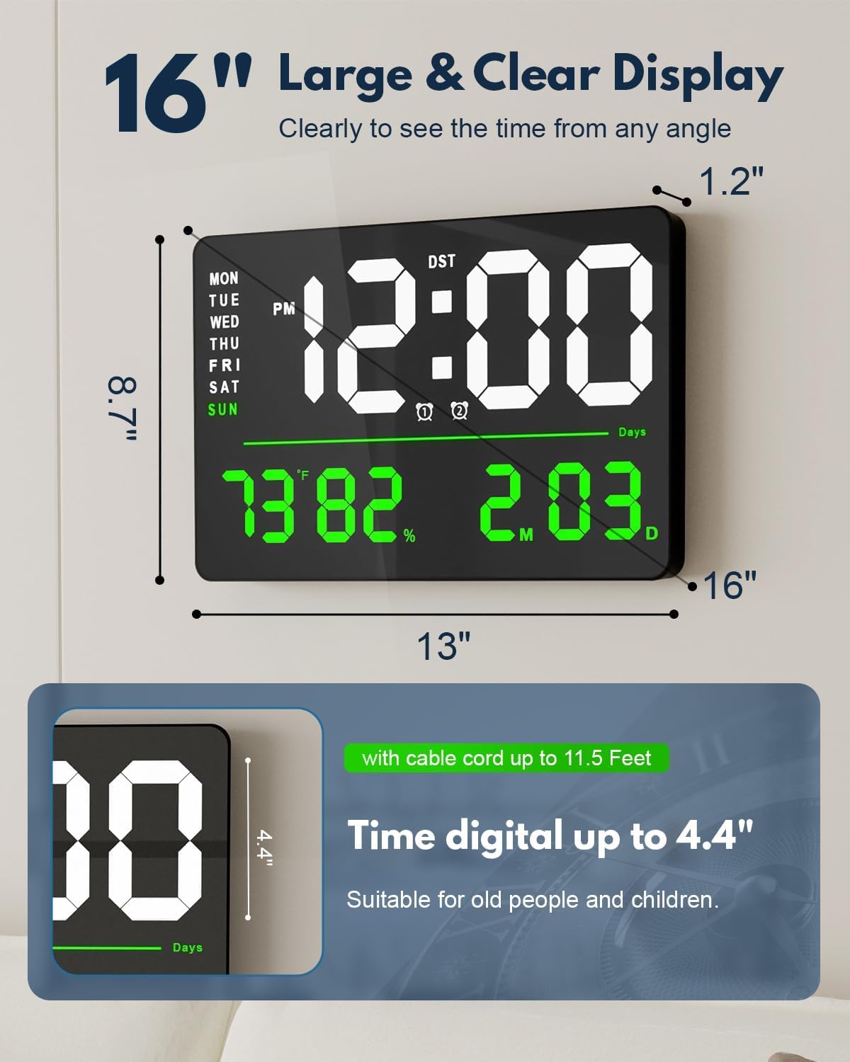 Digital Wall Clock with Remote Control, 33 x 22 x 3 cm, Automatic Brightness, Dual Alarm, Battery Backup