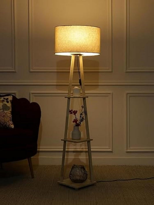 Floor Lamp with Drum Shade in Solid Wood & Natural Wood - 12 x 12 x 50 Inch - Beige