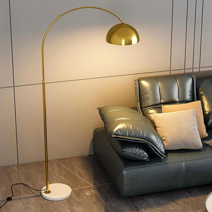 Arc Floor Lamp with Dome Shade, Tri Colour LED, Gold Metal, Adjustable Design
