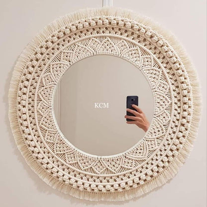 Round Wall Mirror with Cotton Fringe, Off-White, 25 cm Diameter, Handwoven Decorative Design