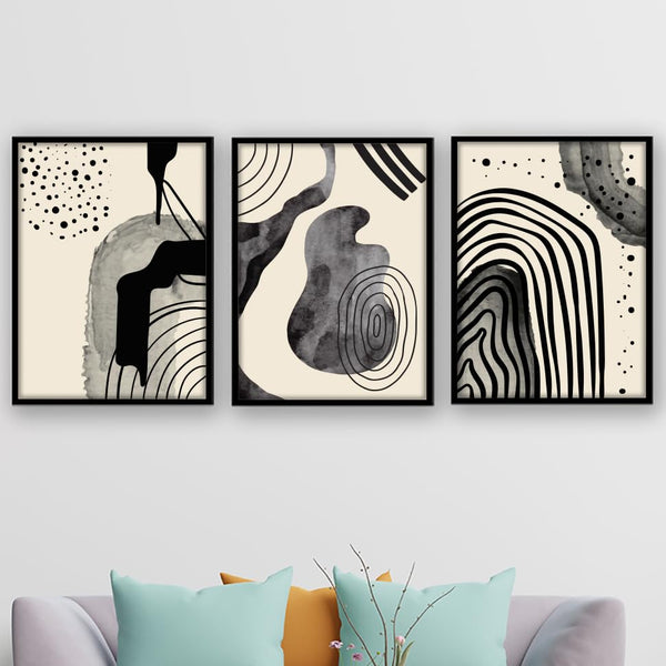 Abstract Line Art Wall Painting Set of 3 Framed Prints 13x19 Inch Black Synthetic Wood