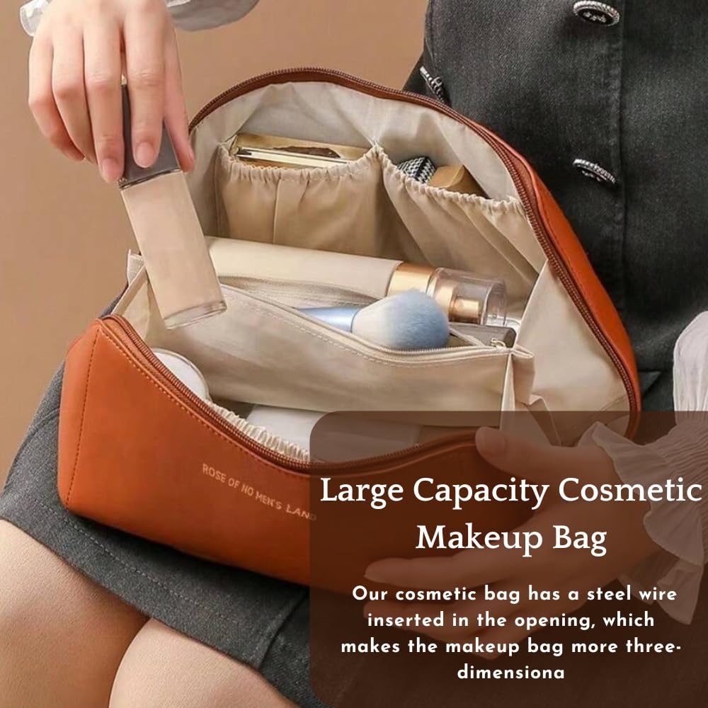 Large Brown Travel Cosmetic Bag with Handle, Divider, 10cm