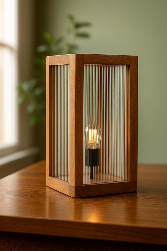 Rectangular Table Lamp - Rustic Sheesham Wood - 30cm Height