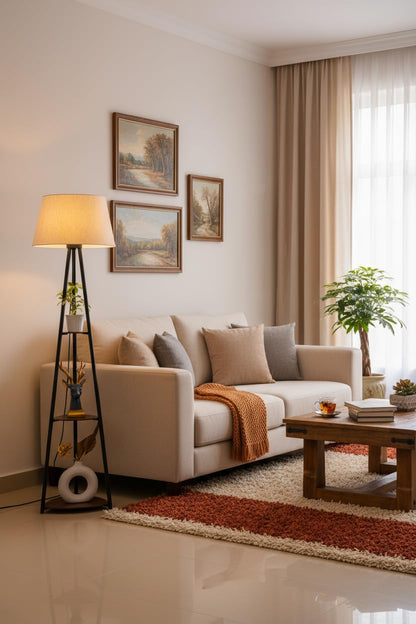 Floor Lamp with Three Shelves Black Polished 5Ft Height with Off White 16" Diameter Tapered Lampshade