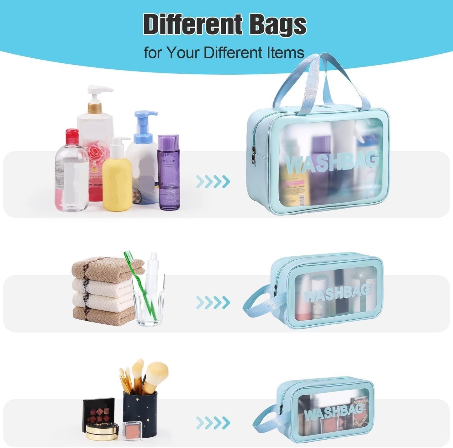 Sky Blue Translucent Waterproof Travel Wash Bag Set of 3