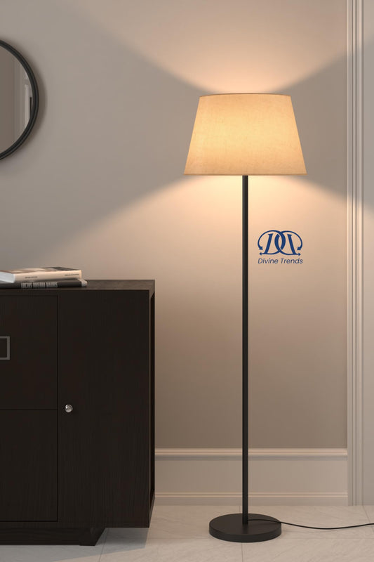 Floor Lamp Modern Black Metal 5Ft Height Off White Shade 16 Inches