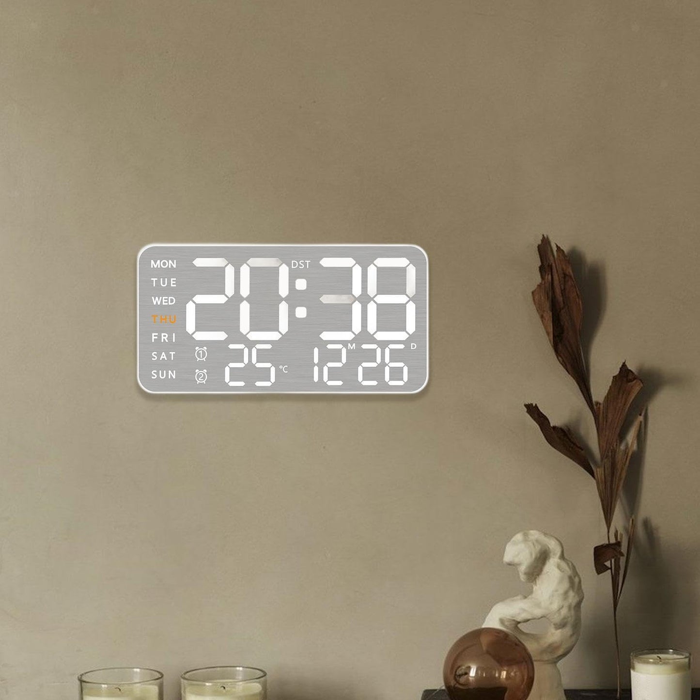 Digital Wall Clock with 9-Inch LED Display, Dual Alarm, Temperature, USB Powered - White