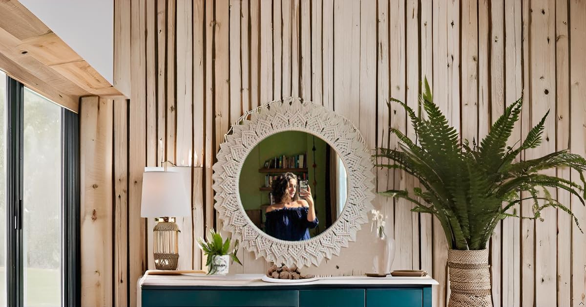 Macrame Wall Mirror Handmade Off-White 17x17 Inches with 10 Inch Glass Mirror