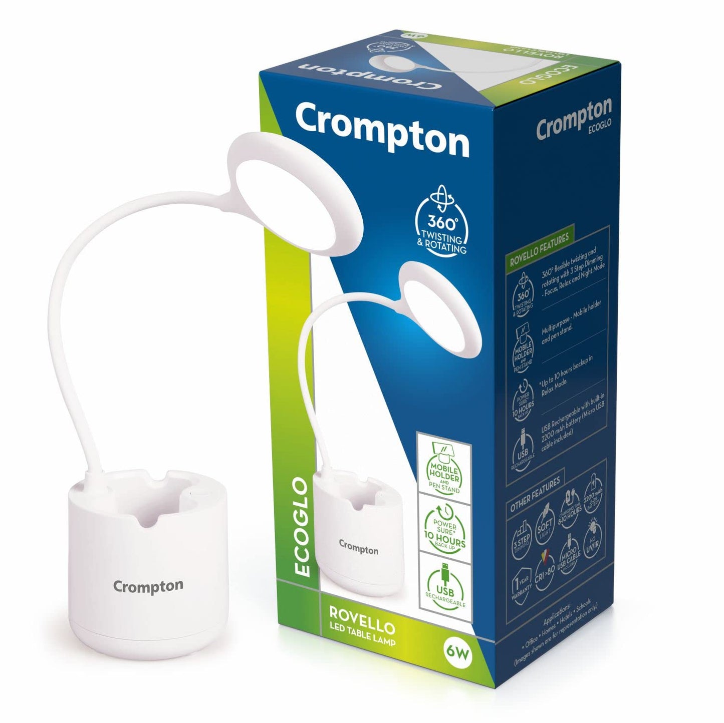 LED Table Lamp with 360° Rotating Design and 3 Dimmable Brightness Levels - Rechargeable 2200mAh Battery