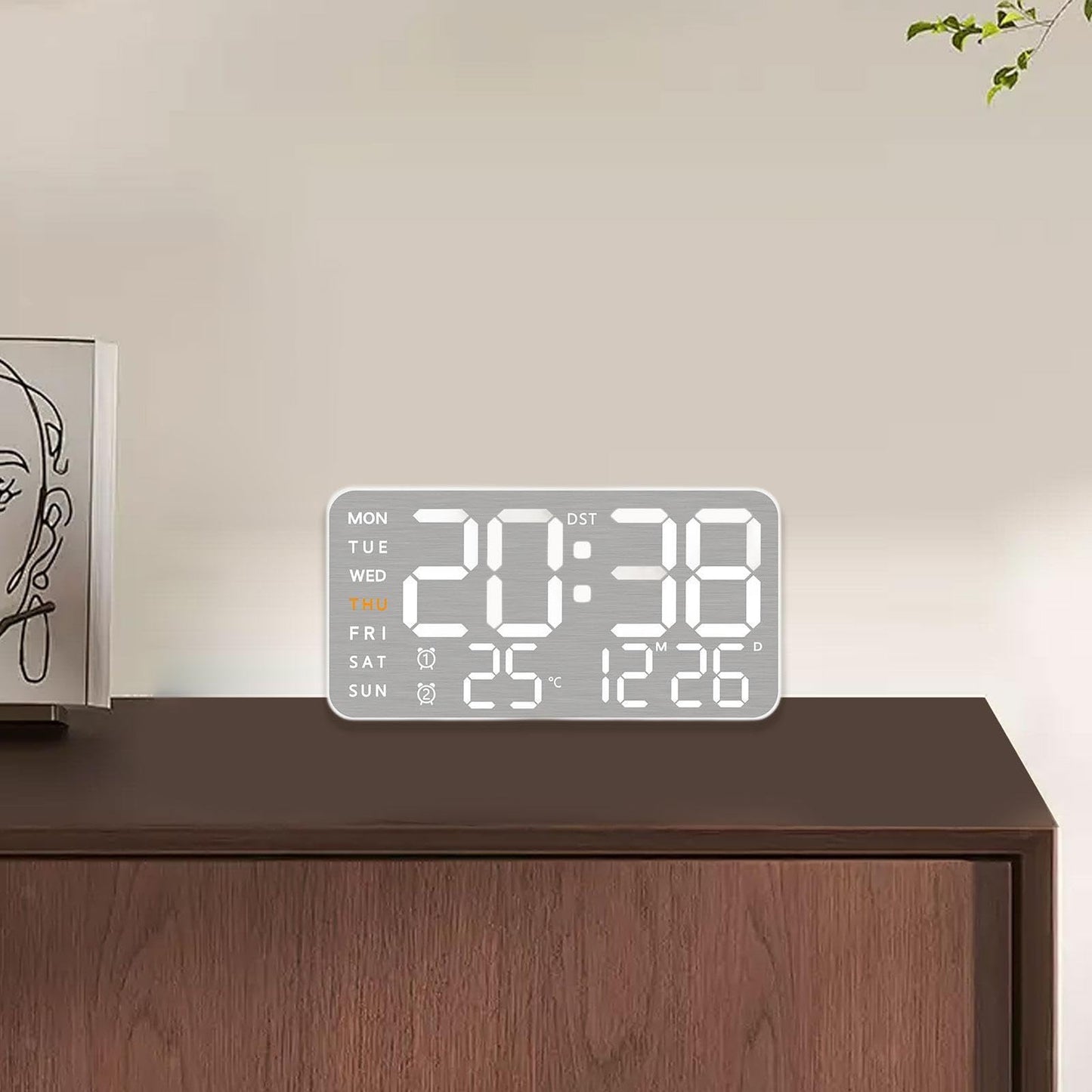 Digital Wall Clock with 9-Inch LED Display, Dual Alarm, Temperature, USB Powered - White