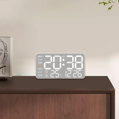 Digital Wall Clock with 9-Inch LED Display, Dual Alarm, Temperature, USB Powered - White