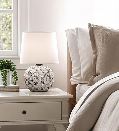 LED Table Lamp with Cotton Shade and Ceramic Base - White - Modern Design