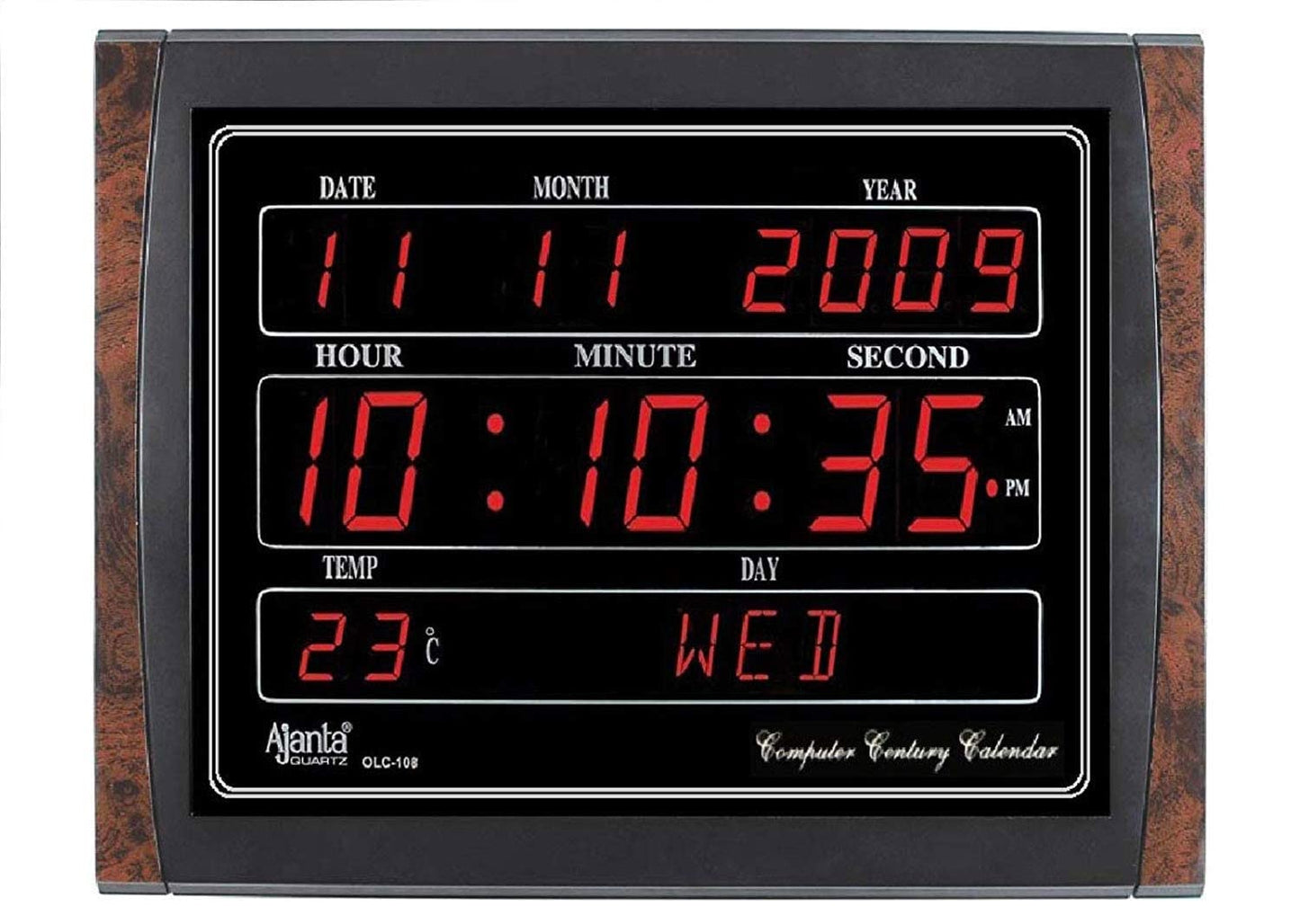 Digital Wall Clock with Red LED Display, 39.6 cm x 29.6 cm, Black