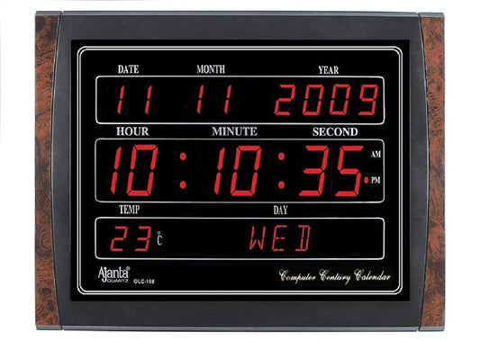 Digital Wall Clock with Red LED Display, 39.6 cm x 29.6 cm, Black