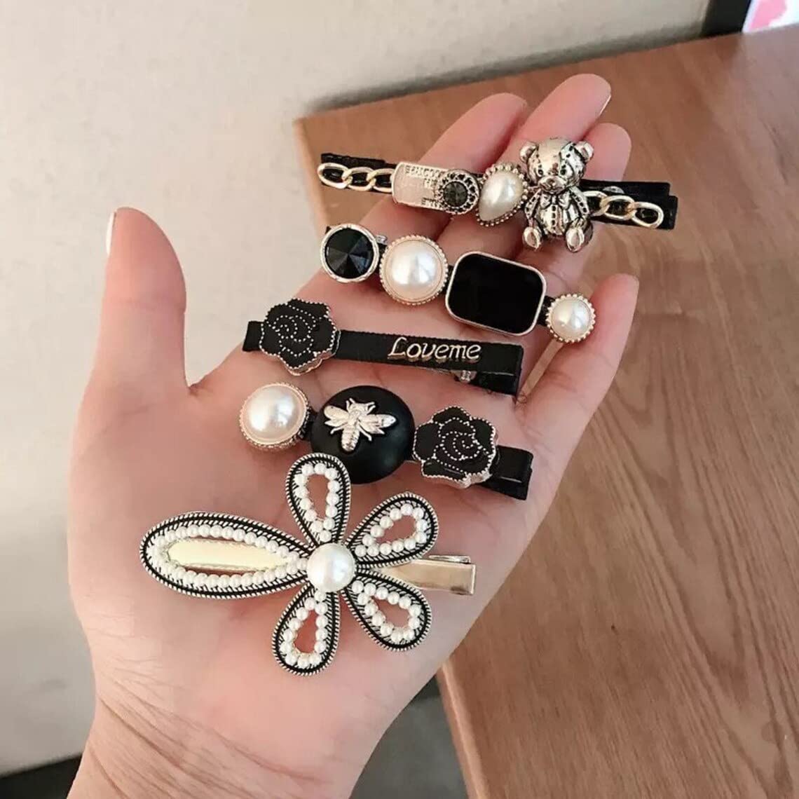 Korean Pearl Rhinestone Hair Clips, Metal Pins (11 Pack)