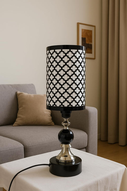 Table Lamp with Geometric Quatrefoil Pattern Shade, Black and White, Metal Base, 30cm Height