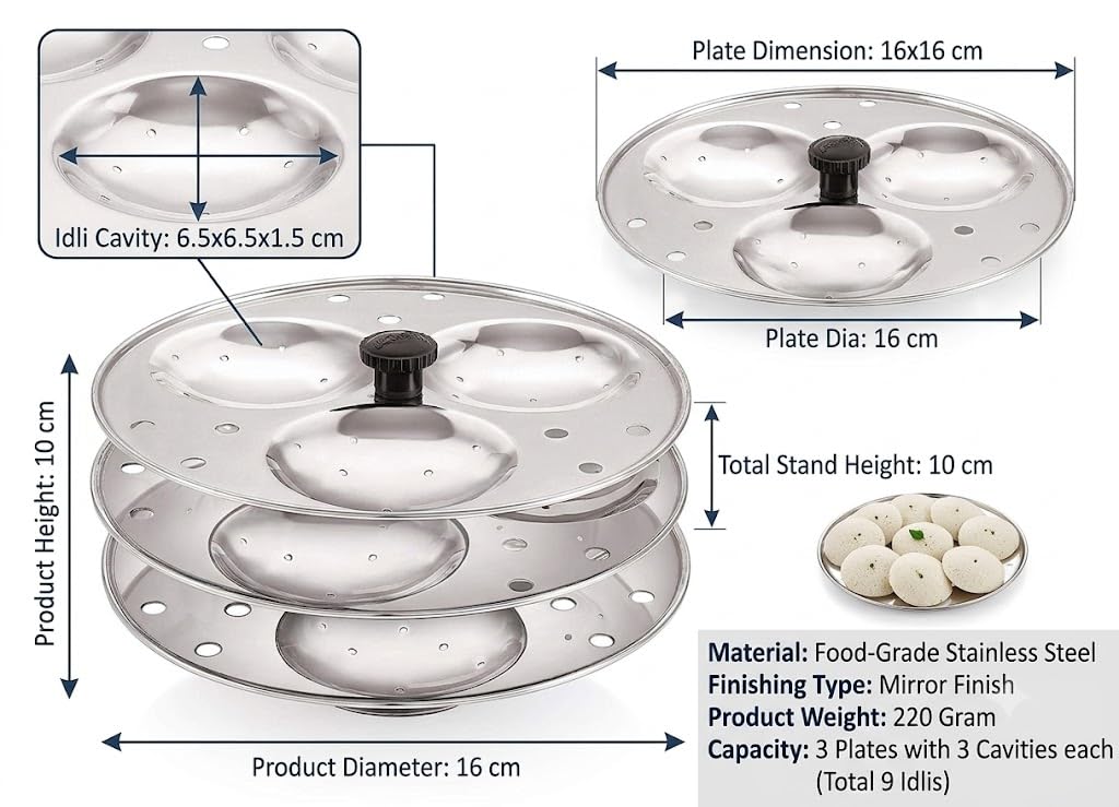 Dynore Stainless Steel Idli Stand Idli Maker 3 x 3 Plates (9 Idli), 9 liter, Silver