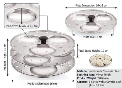 Dynore Stainless Steel Idli Stand Idli Maker 3 x 3 Plates (9 Idli), 9 liter, Silver