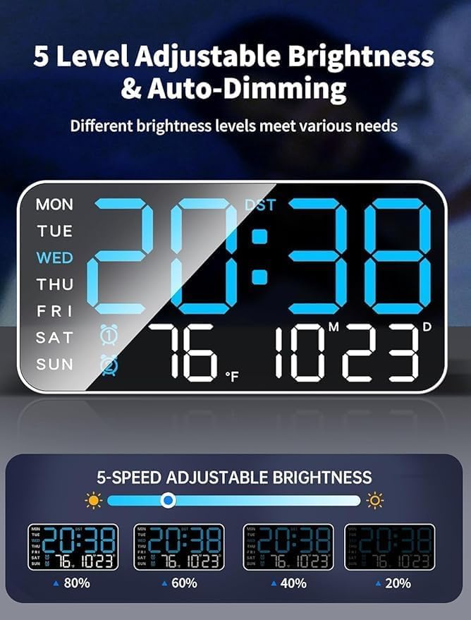 9-Inch LED Digital Wall Clock with Date, Temperature, Dual Alarms, Voice Control, USB Powered