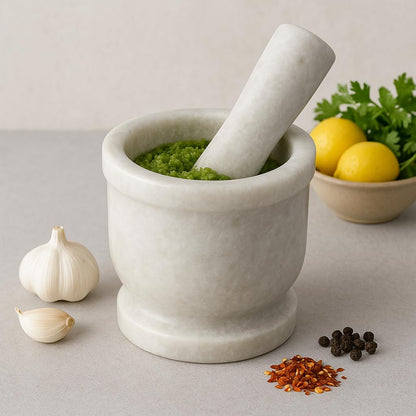 Jaipur Ace Natural White Marble Mortar and Pestle Set-4x4 Inches (White)